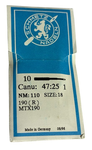 |  774964  |  SCH4725/110  |  Schmetz 190, MTX190, 150SC, SY7555-size # 110/18 ---(priced p/needle , order in multiples 10 only)