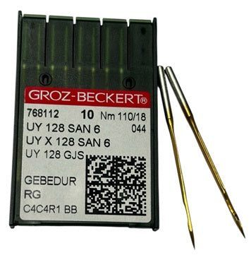 |  768112  |  GB3800/110SAN6GEBE  |  Groz-Beckert SAN6 GEBEDUR Needle UY128GAS, 1280, 149X3, MY1044, SY7292-size # 110/18  NEEDLE ---(priced p/needle , order in multiples 10 only)