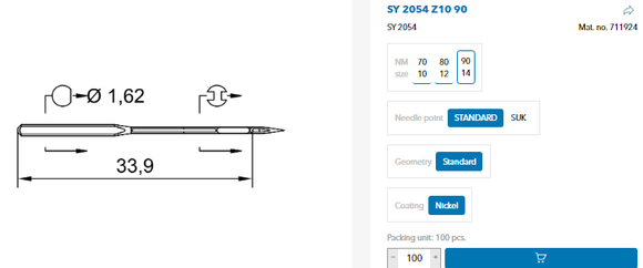 SCH1231/90  |  (priced p/ndl , multiples 10 only)  Schmetz brand needle SY2054 , 16x75 , # size # 90/14