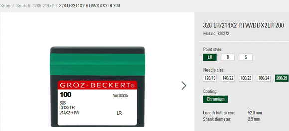 GB5010AX/200   |  (priced p/ndl , multiples 10 only ) Groz-Beckert Leather Needle 328LR, 214X2NRTW, DDX2LR -NRTW/LR-size # 200/25 NEEDLE  |