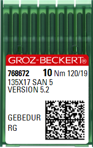 GB3720/120SAN5GEB  |  (priced p/ndl , multiples 10 only)  Groz -Beckert SAN5.2 GEBEDUR Needle 135X17, DPX17, SY3355-size # 120/19 NEEDLE |