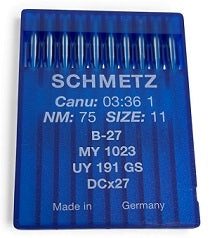 SCH0336/75  |  Schmetz Needle B27, 81X1, DCX27, DCX1, SY6120, MY1023-size # 75/11 ---(priced p/needle , order in multiples 10 only)