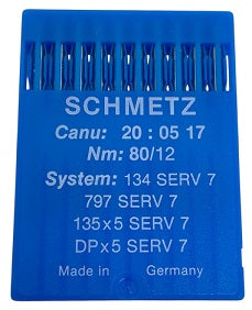 SCH2005/80SERV7  |  Schmetz SERV7 Needle 134, 797, 135X5, 135X7, 135X25, DPX5-size # 80/12 ---(priced p/needle , order in multiples 10 only)