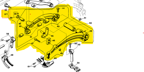 US-G29493B  |  Assembly for feed lever and presser foot lever for Union Special 2200G (GAU) Portable Bag Closing sewing machine.
