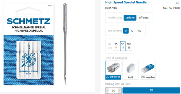 |  718157  |  SCH2215/HLX5/75C5  |   Schmetz Domestic Needle HLX5 , 75/11  |  High speed Quilting needle | pk of 5 needles. ---(priced p/needle , order in multiples 10 only)