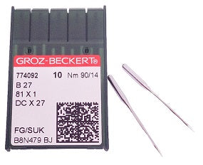 GB0336FB/90 (priced p/ndl , multiples 10 only  Groz -Beckert Ball Point Needle B27, 81X1, DCX27, DCX1, SY6120, MY1023-SUK/FG-size # 90/14 NEEDLE