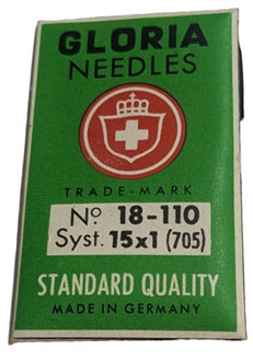 GLO2215/110  |  (priced p/ndl , multiples 10 only)  Gloria  Brand Needle for Domestic machine 15X1, 130/705H-size # 110/18 ( made in Germany )