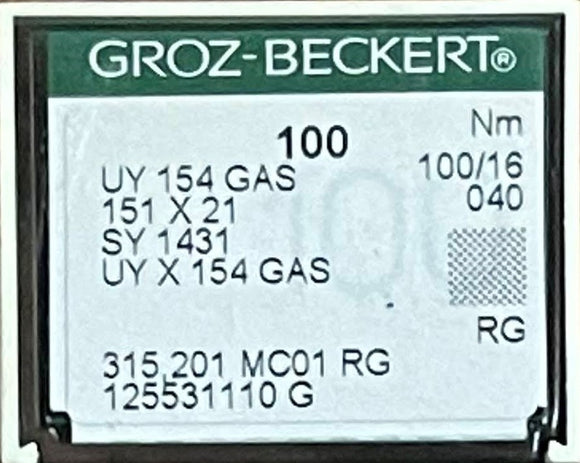 GB0660EB/100   |  (priced p/ndl , multiples 10 only ) Groz-Beckert Ball Point Needle SY1433, UY154FGS, UY154GAS, UOX154-SES/FFG-size # 100/16 NEEDLE  |