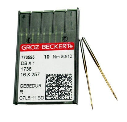 |  773595  |  GB1425/80GEBE  |  773595  |  Groz -Beckert GEBEDUR Needle 1738, SY2270, 16X231, 16X257, DBX1, DBX257--size # 80/12  | ) ---(priced p/needle , order in multiples 10 only)