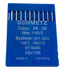 SCH0828/110  |  Schmetz Needle 501, EBX755, 1807, 1807D-size # 110/18 ---(priced p/needle , order in multiples 10 only)