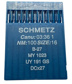 |  702404  |  SCH0336/100 Schmetz Needle B27, 81X1, DCX27, DCX1, SY6120, MY1023-size # 100/16 NEEDLE  | ---(priced p/needle , order in multiples 10 only)